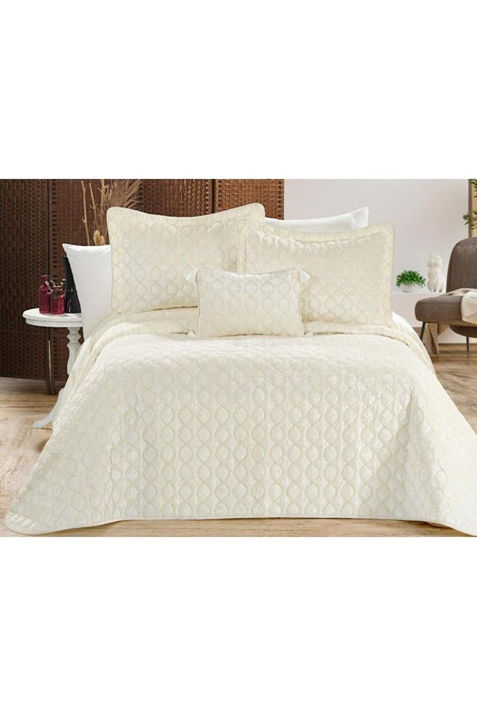 Brillance Quilted Bedding Set 4 Pcs, Bedspread 250x250, Pillowcase 50x70, Double Size, Velvet, Wedding, Cream