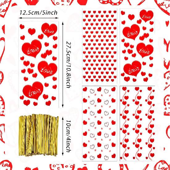 Zonon 200 Pcs Valentine's Day Cellophane Bags 4 Assorted Styles Valentines Treat Bags Cellophane Bags Valentines Candy Bags with 200 Pieces Twist