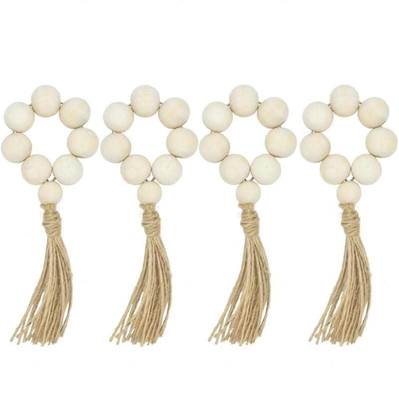 4Pcs Natural Wooden Bead Napkin Rings for Weddings Home Decor