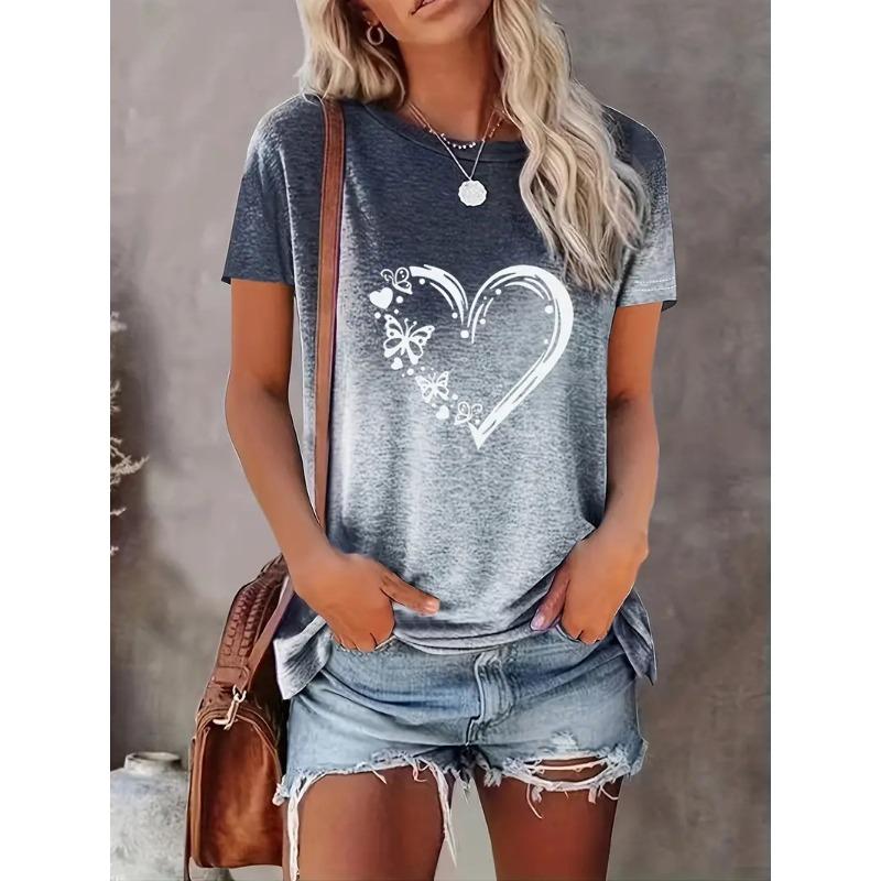 Summer Round Neck Gradient Short Sleeved Top 3D Dandelion Love Pattern Printed Women's T-shirts