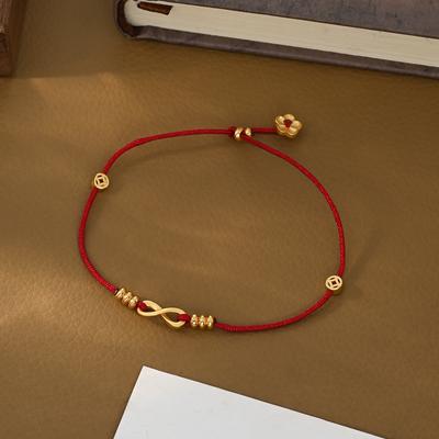 Vintage Red String Bracelet with Mobius & Lucky Fortune Coin Charm, Handmade Braided Rope Charm Bracelet for Good Luck