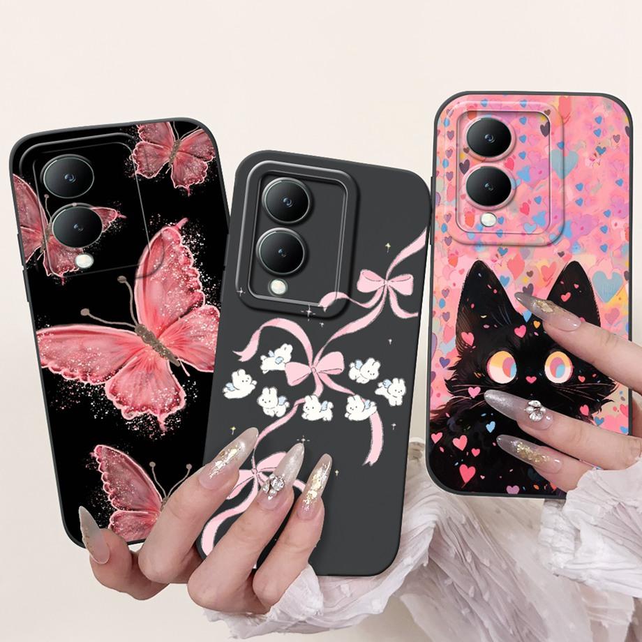 For Vivo Y28 5G Y29 5G V2420 Phone Case Vivo Y17s Y19s V2419 Back Cover Soft Liquid Silicone Pnada Rabbit Flower Cute Fundas