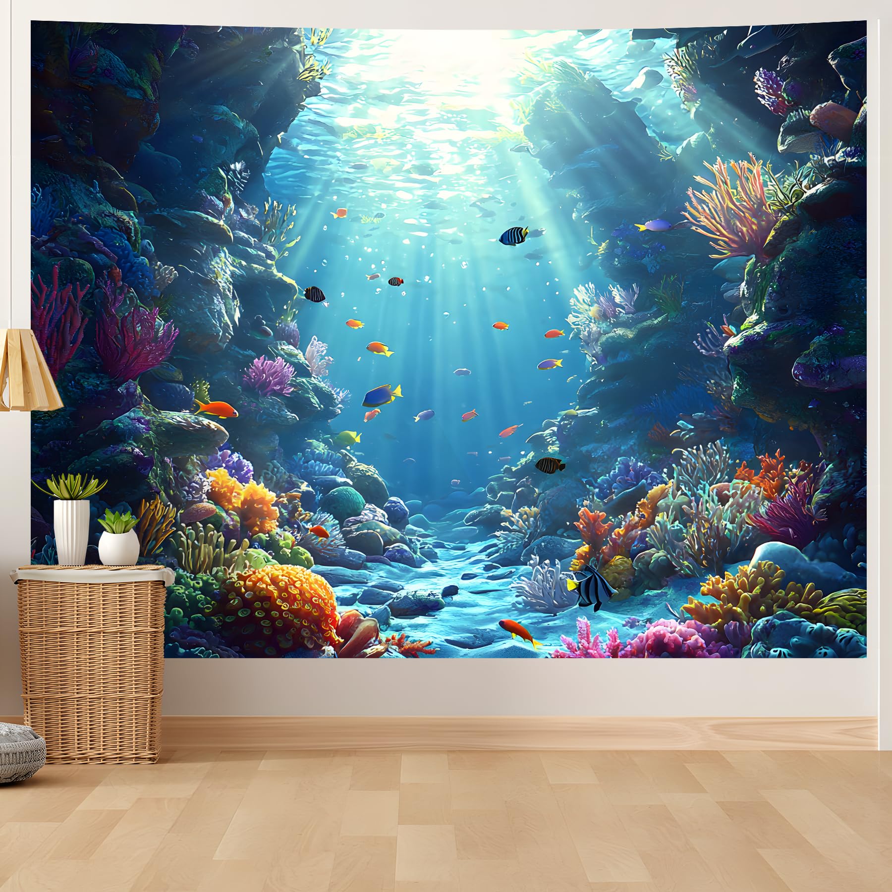 Onderwaterwereld Wandkleed - Blauwe Oceaan En Aquarium Tropische Vissen Wanddecoratie - Diepzee Vissen Wandhanger Voor Slaapkamer, 150x100CM
