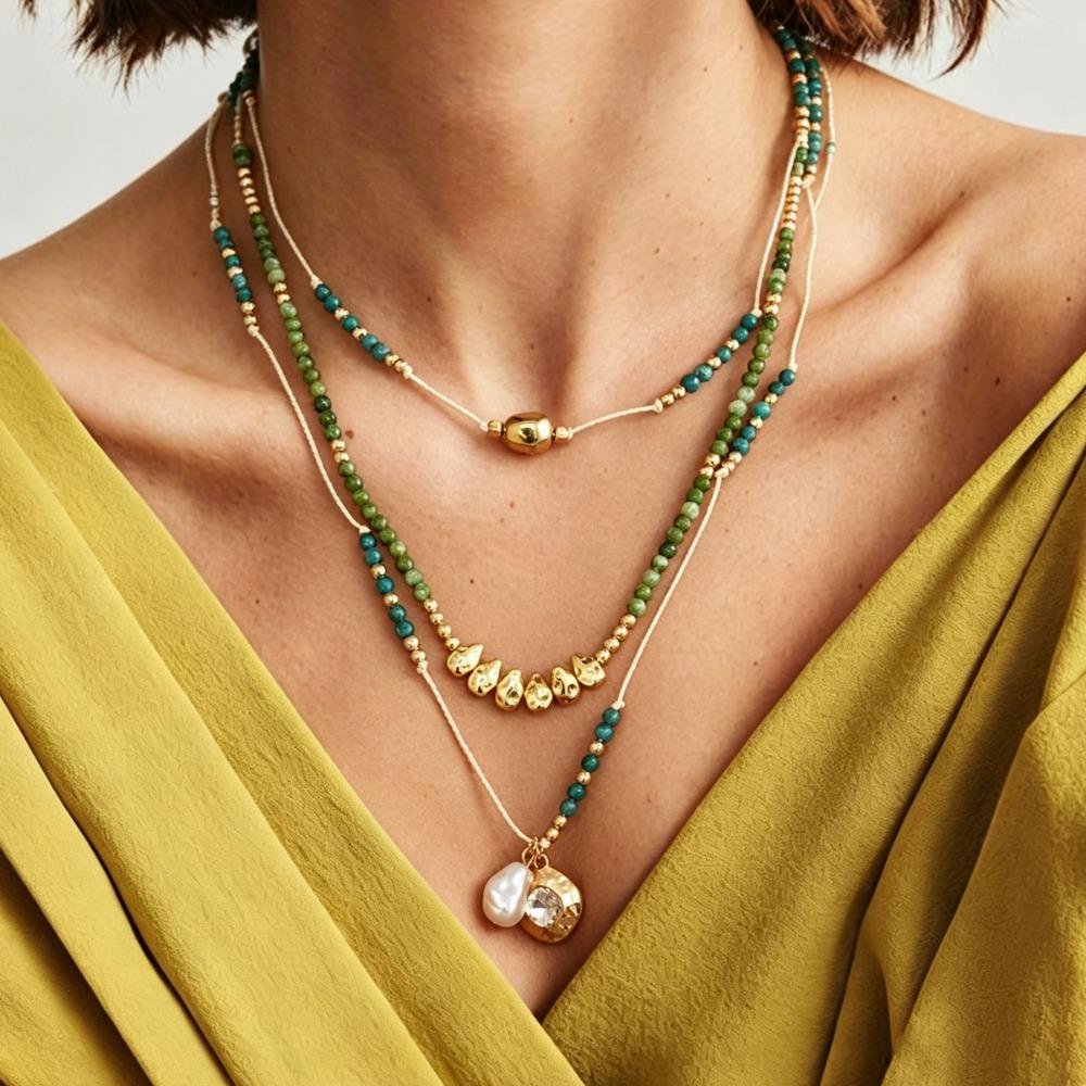 3pcs Set Retro Temperament Baroque Pearl Pendant Green Beaded Long Multi-layered Necklace for Women Stacked Jewelry Sets Gifts