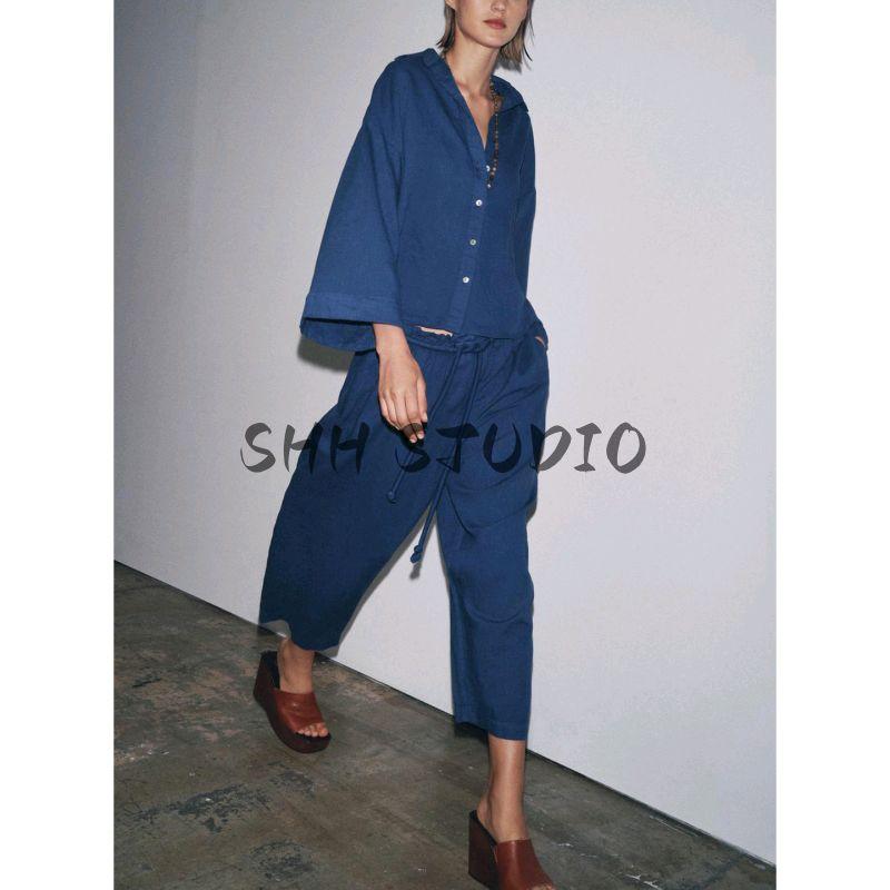 Linen Blended Lapel Long Sleeve Shirt Tops 4043012 Series with Decorations Mid Waist Casual Pants 4043246