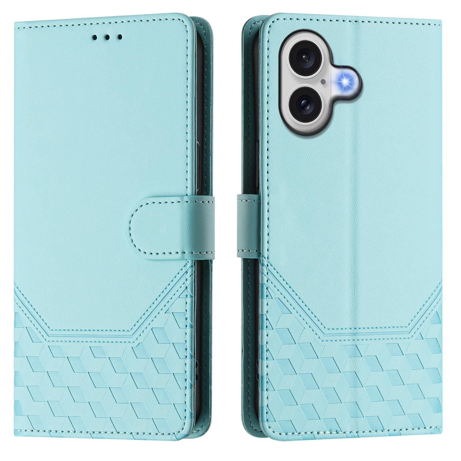 

For iPhone 17 Case Imprinted Honeycomb RFID Blocking Leather Phone Cover with Strap Mint Green
