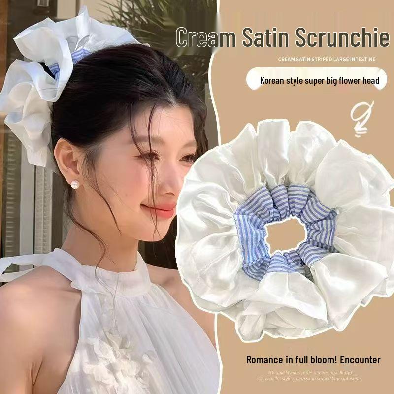 Korean Style Red & Blue Color Block Plaid Hair Tie – Cute Childlike Large Scrunchie