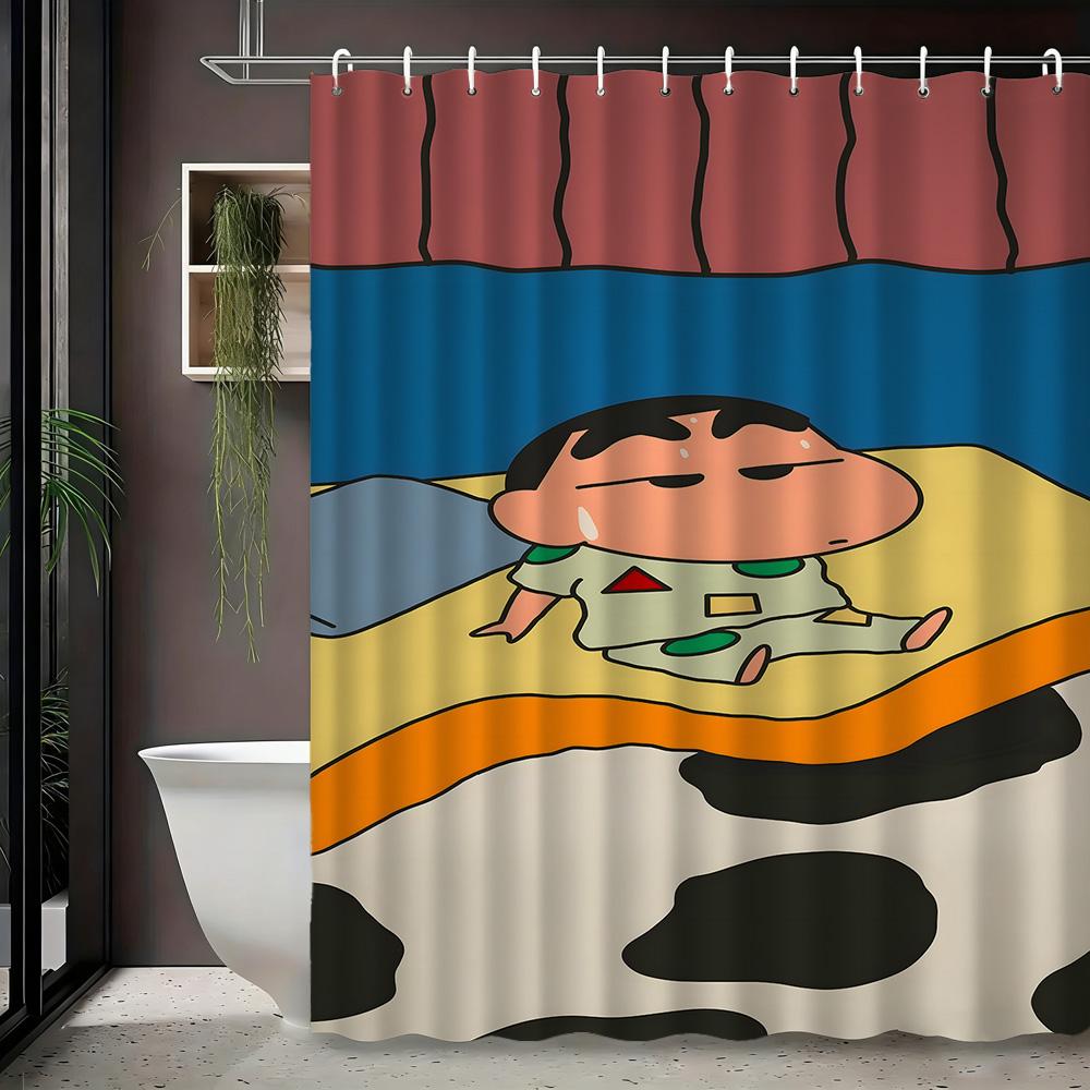 Crayon Shin-Chan & Friends Adventure On Rocks 2D Print Waterproof Shower Curtain, Blue Night Anime Bathroom Decor With Hooks