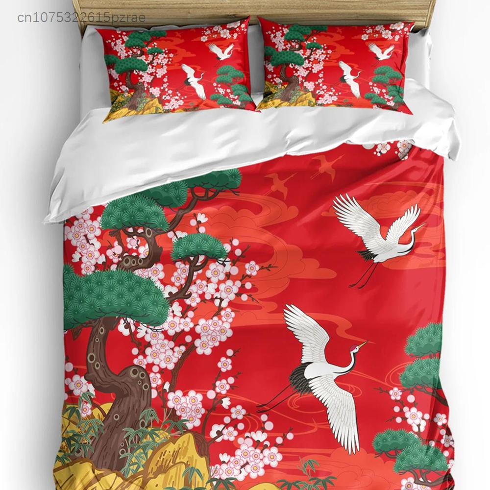 Set Biancheria da Letto Stile Giapponese Gru Fiori di Ciliegio Vintage 3 Pezzi per Letto Matrimoniale Tessili per la Casa Copripiumino Coperta Federa