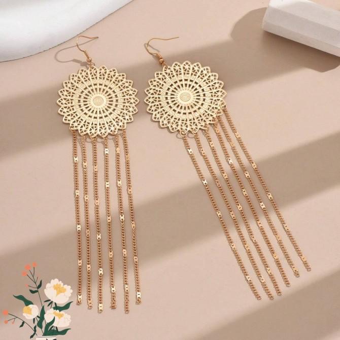 Ethnic Style Tassel Earrings with Hollow Flower Design