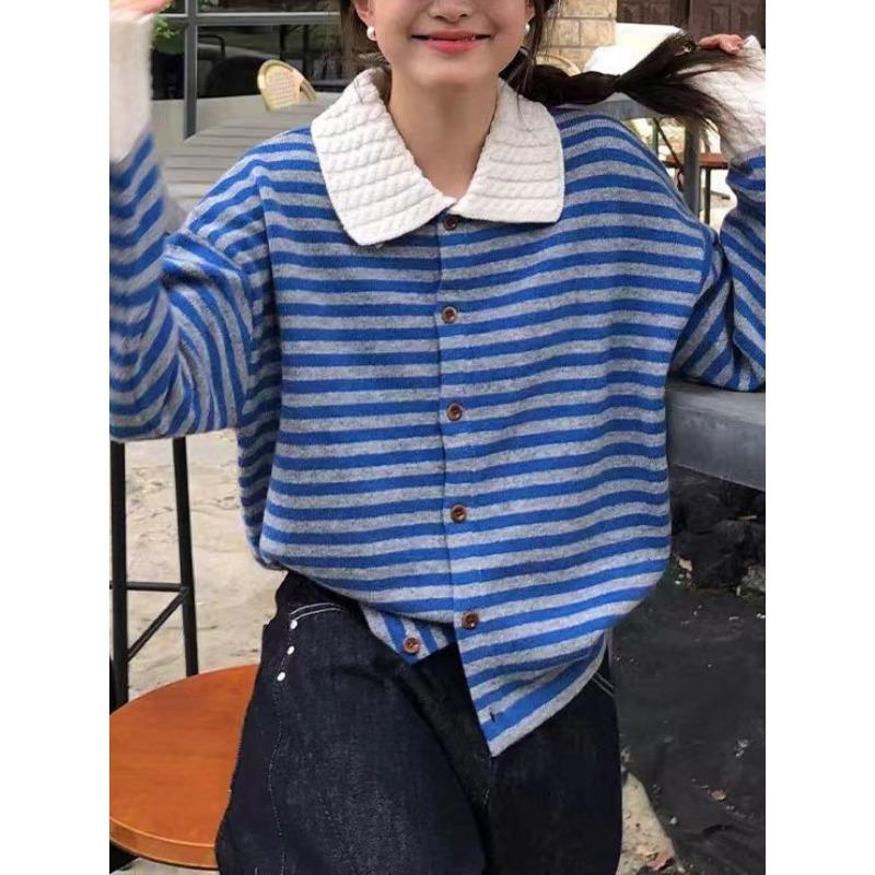 

Striped polo neck long-sleeved sweater knitted sweater women s early autumn lazy and relaxed wearing jacket top one size fits all синий