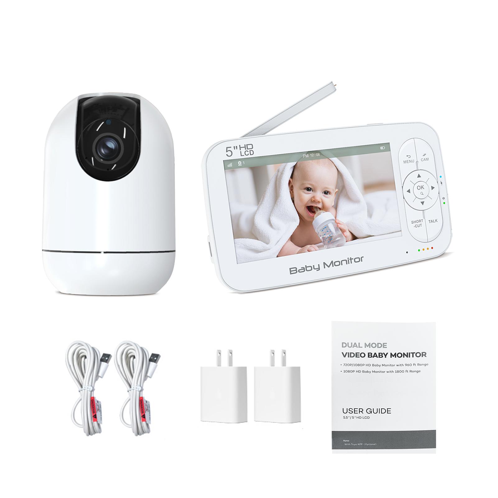 Радионяня с камерой и аудио, 5-дюймовый дисплей, WiFi, ночное видение, 4-кратный зум, перезаряжаемая, оповещение о температуре, часы кормления, двусторонняя связь