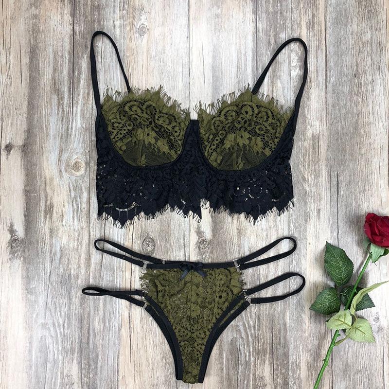 Sexy lingerie set with lace patchwork and sexy three piece lace lingerie with hollow out straps for women's lingerie set