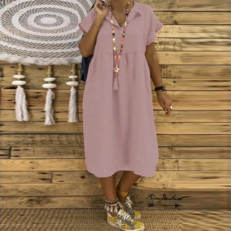 

Женщины Оверсайз Рубашка Платье Лето V-образный вырез Короткий рукав Хлопковое платье Свободное Vestidos Плюс Размер