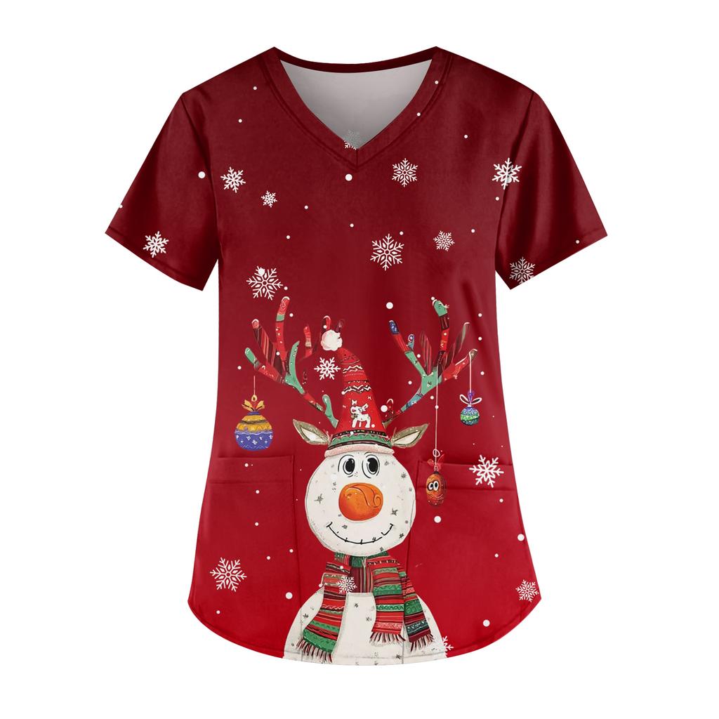 Ladies' Fashionable V-neck Pocket Short Sleeved Christmas Tree Printed Caregiver Uniform