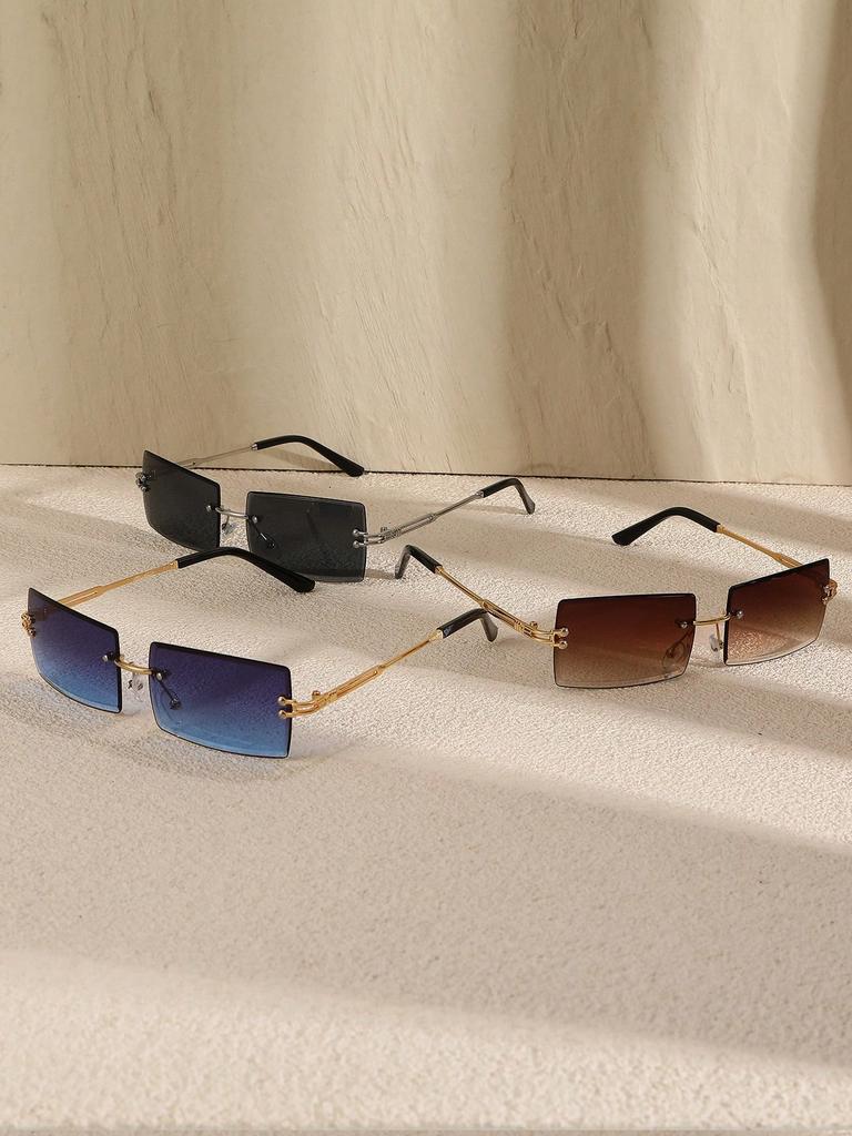 1/2/3 PC S Fashion Rectangular Metal Rimless Women Sunglasses For Men Daily Life Shades Eyewear Accessories.