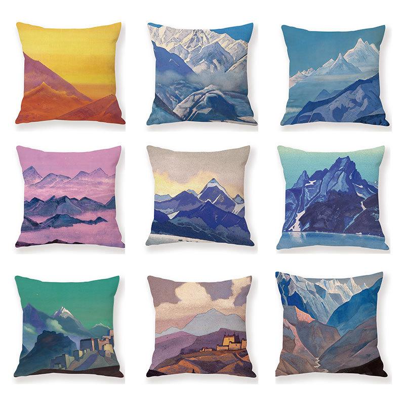 Painted Snow Mountain Sunset Colorful Sky Retro Pillow Case Sofa Model Room Decoration Pillow