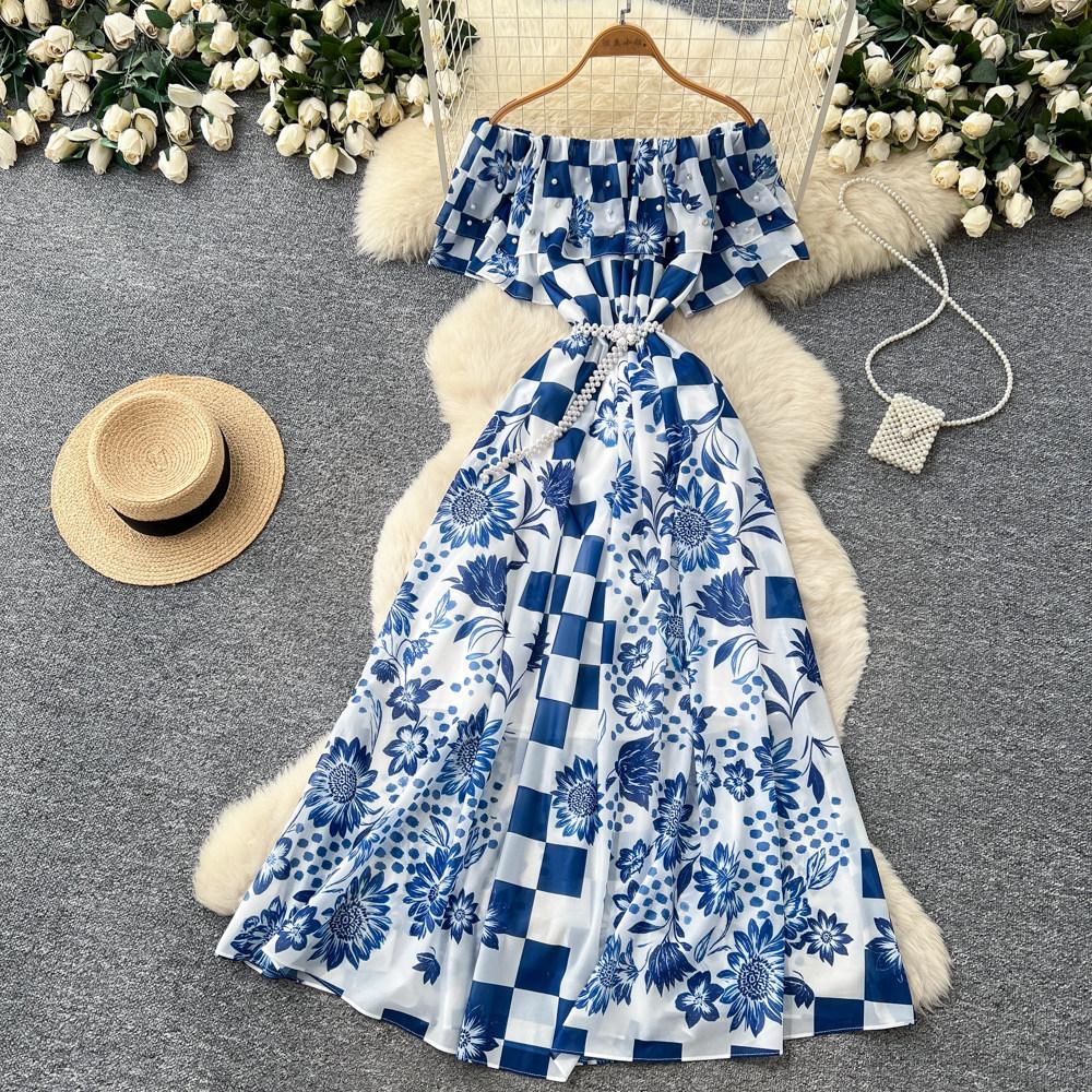 New Women's Summer Sleeveless Print Dress Pearl One-Neck High Waist A-Dress Commuter High Street Style