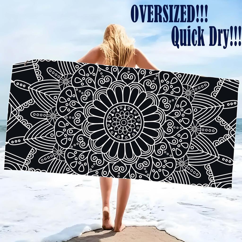 Ultra Fine Fiber Black Floral Beach Towel, Lightweight Comfortable for Swimming Diving Summer Fun