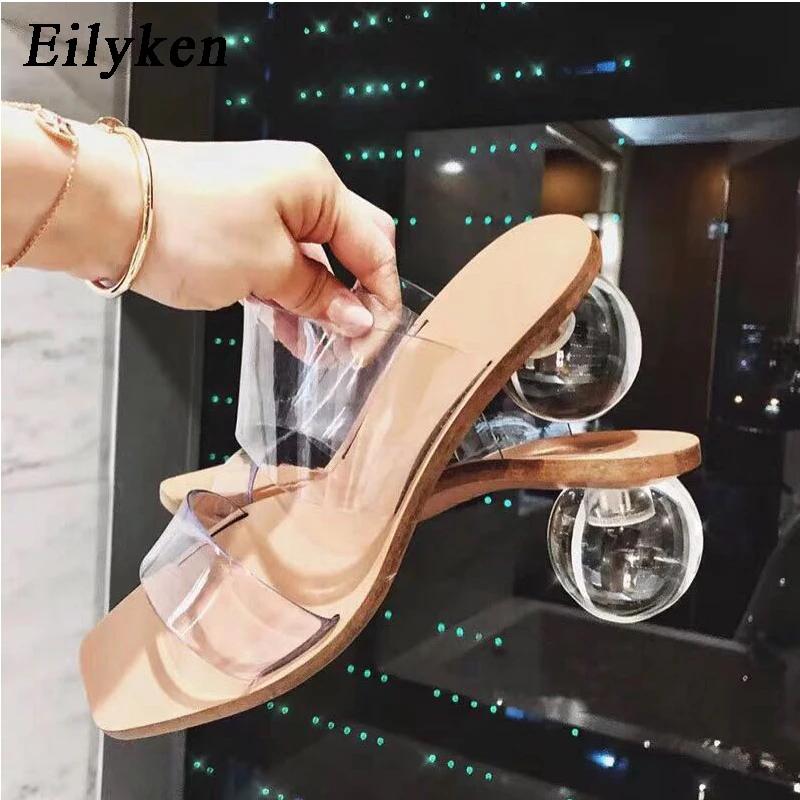 Eilyken Crystal Ball Low Heel PVC Transparent Clear Women Slippers Summer Peep Toe Sandals Design Slides Shoes