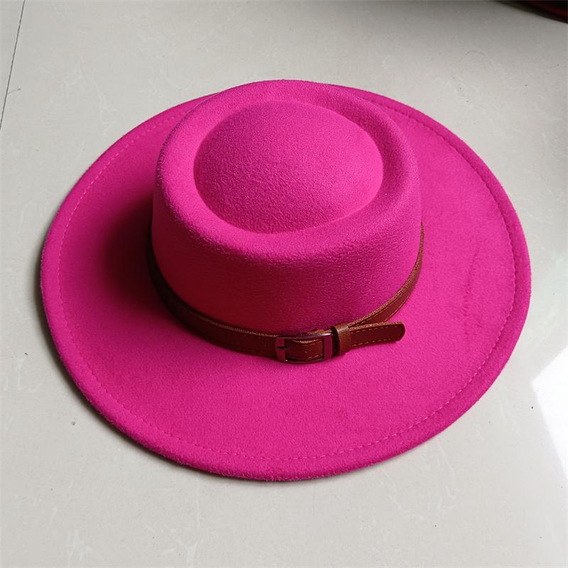 2026 Fedora Hat Winter Round Convex Flat Top Belt Accessories Rose Red Felt Jazz Hat for Men and Women Fedora Gorras