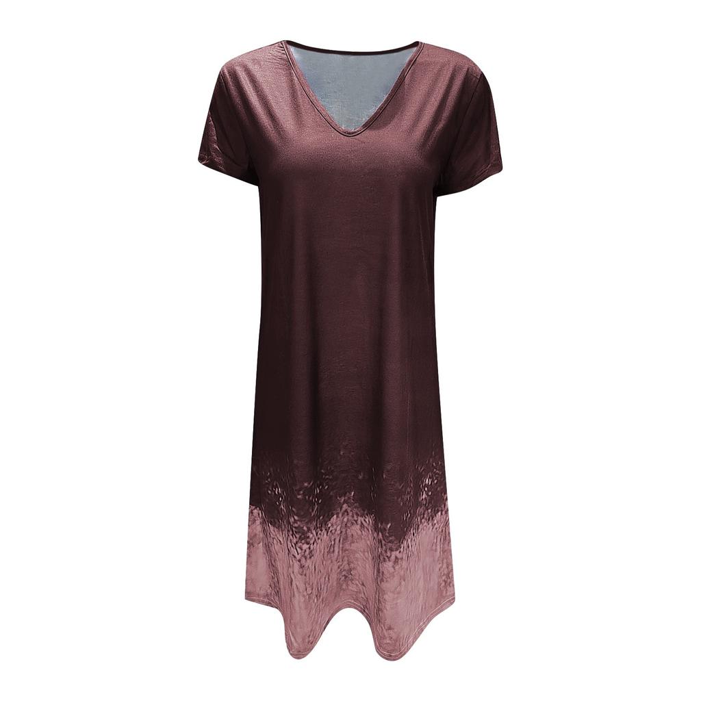 Damenmode Neues Sommerkleid mit zweifarbigem Farbverlauf, kurzen Ärmeln und V-Ausschnitt, lockeres Freizeitkleid
