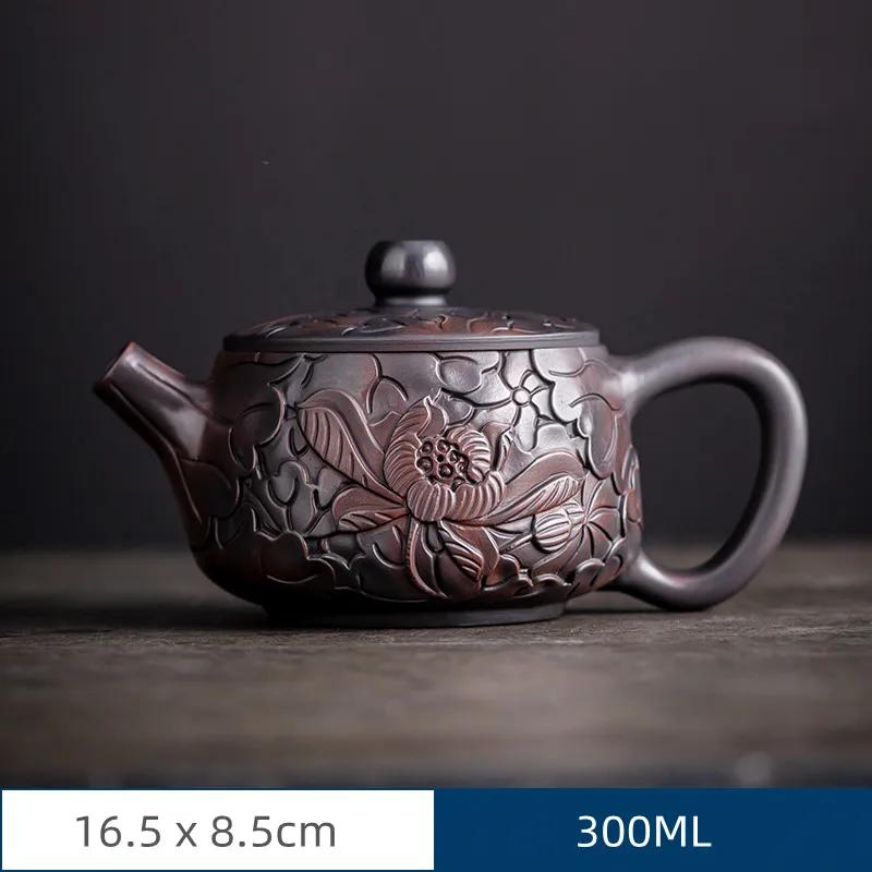 Retro Carving Purple Pottery Teapot Ceramic Household Kettle Pot Kung Fu Tea Set  Pure Handmade Teapot Teapot for Tea Puer Tea