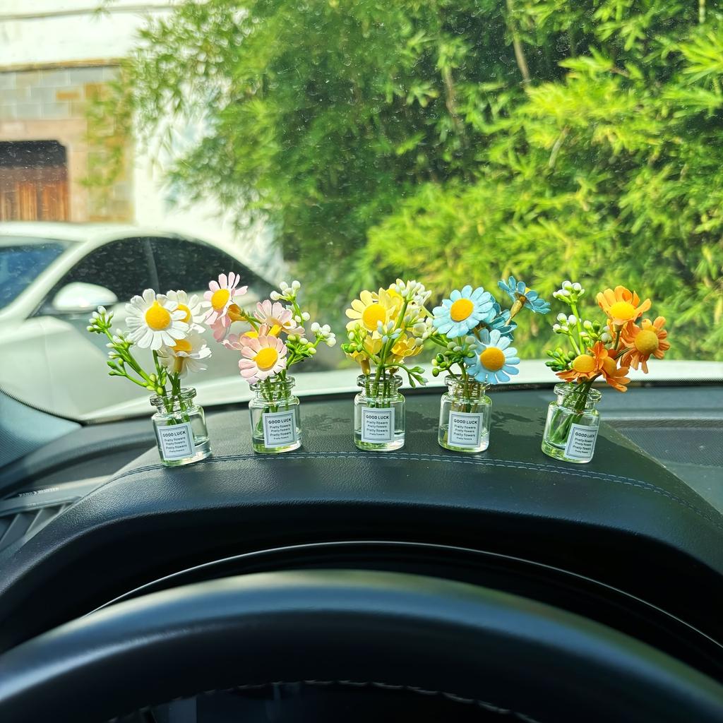 Delicate Miniature Potted Flowers Assorted Colors Car Dashboard Greenery Decor Tabletop Figurines for DIY Crafts Home Ornament