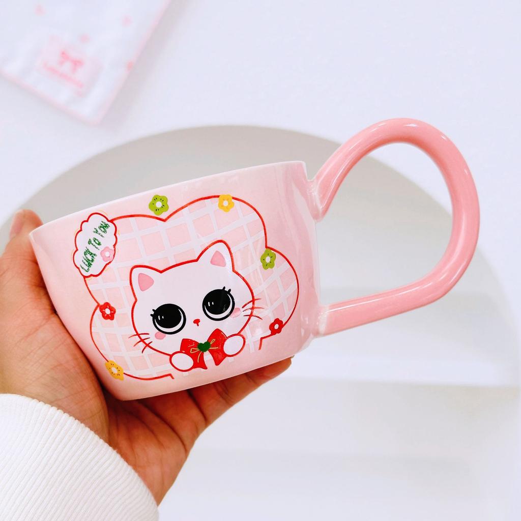 Kitten with Spoon Cute Cartoon High Value Large Capacity Souvenir Mug Girl Couple Ceramic Cup Set