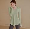 Abbigliamento da yoga a maniche lunghe con cappuccio sottile da donna, per sport all'aria aperta, jogging, top largo per il tempo libero, traspirante, ad asciugatura rapida, tinta unita