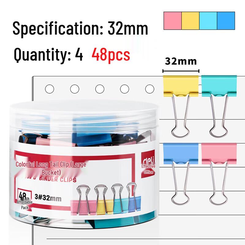 Deli 32mm Colorful Binder Clips, 48-Count Barrel