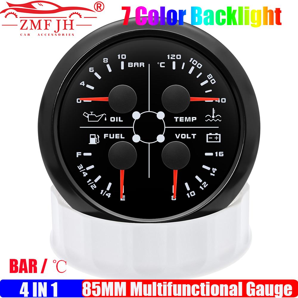 ZMFJH 7 Color Light Multi-Meter 4IN1 Oil Pressure+Water Temperature+Fuel Level Gauge+Voltage with Alarm Sensor Auto Car Boat 12V