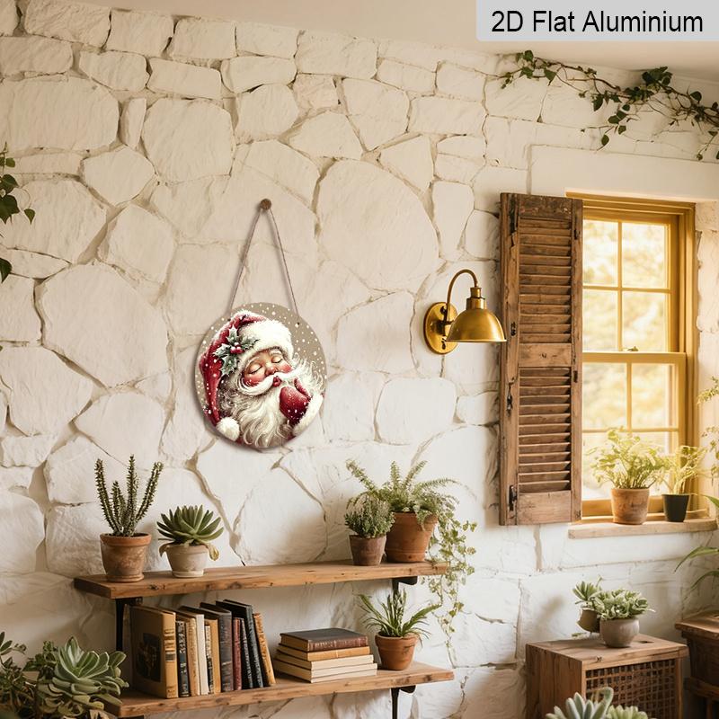 2D Flat, Whimsical Santa Round Aluminum Decor Sign, Country Style Holiday Wall Art, Featuring Cute Santa & Snowflake Patterns, Pre-Drilled for Easy