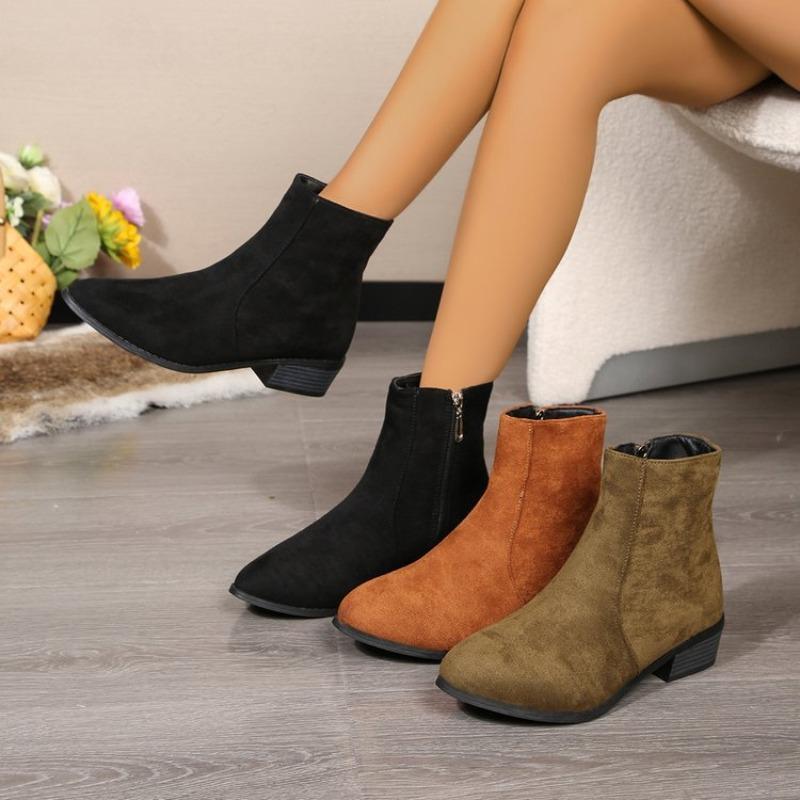 Pointed Large Size Thick Heel Martin Boots Autumn and Winter New Suede Side Zipper Low Heel Short Boots