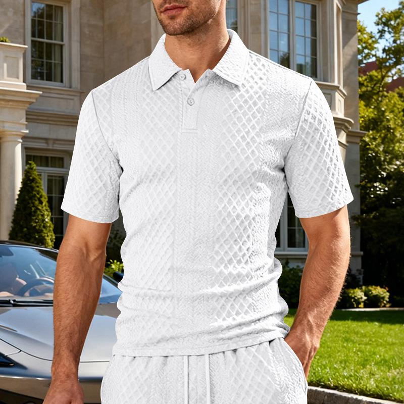 Men s White Diamond Jacquard Texture Polo Collar Short Sleeve Casual Polo Shirt S белый