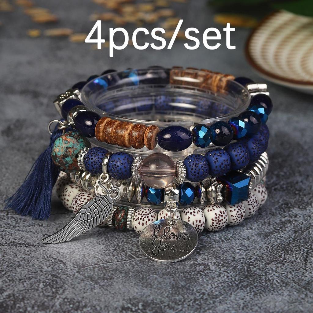 Bohemian Beaded Bracelet Set with Wing Pendant and Tassels