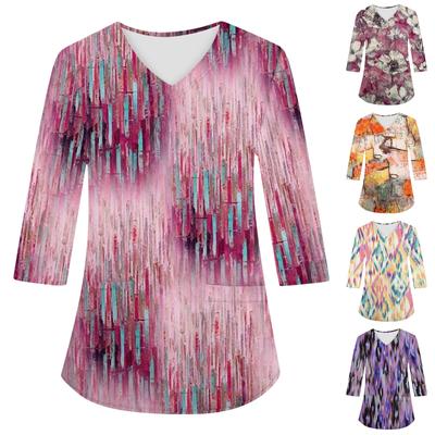 Ropa de Trabajo de Moda para Mujer con Cuello en V y Manga 3/4, Bolsillo, Estampado, Tops Sueltos