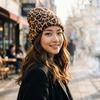 Vintage Leopard Print Knitted Beanies Hat Women Autumn Winter Elastic Crochet Ear Protection Hat Girls Anti-cold Pullover Cap