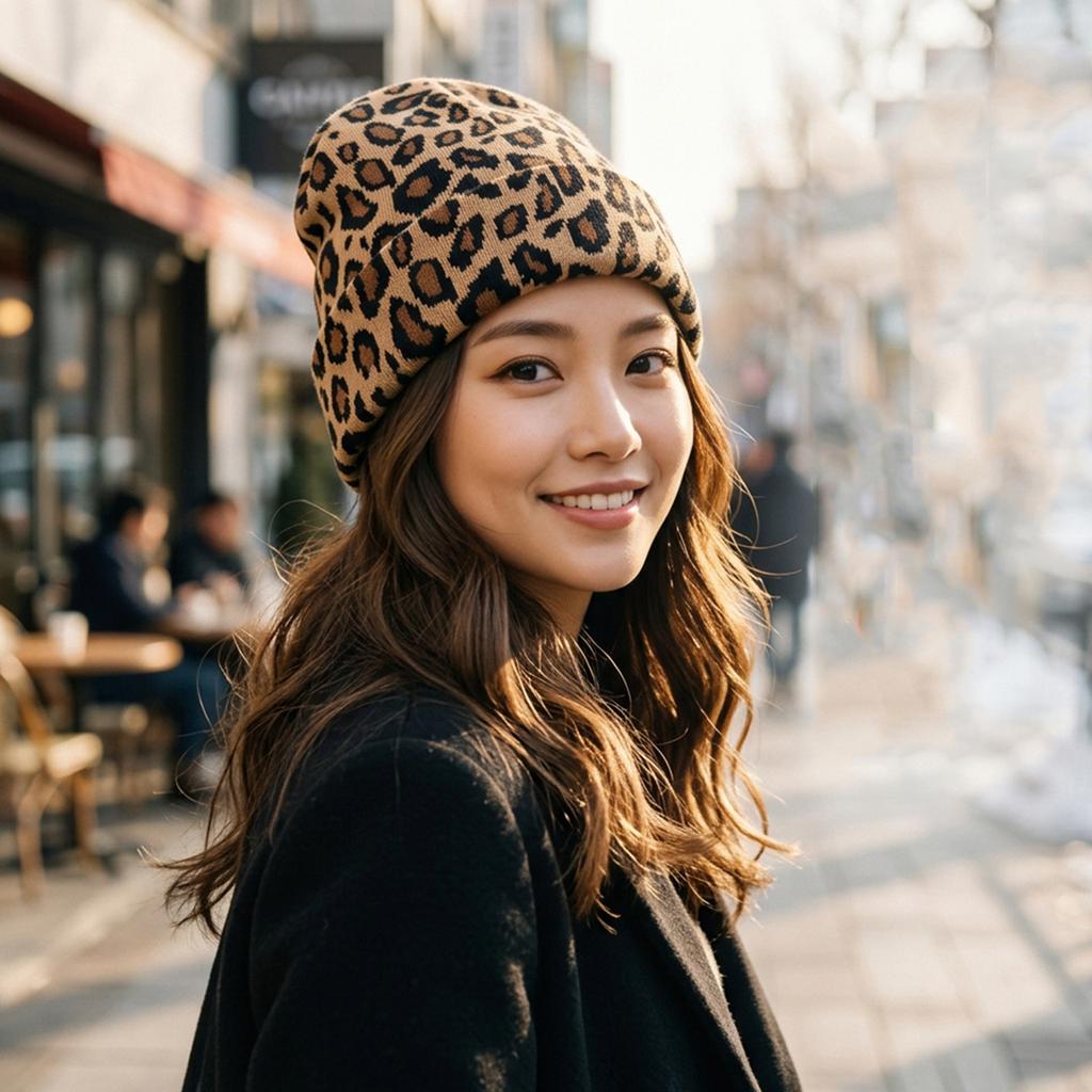 Vintage Leopard Print Knitted Beanies Hat Women Autumn Winter Elastic Crochet Ear Protection Hat Girls Anti-cold Pullover Cap