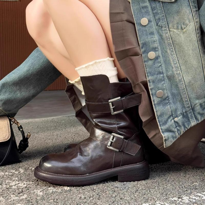 Cowhide Maillard Boots Vintage Leather Medium Boots Women's Belt Buckle Short Boots Thick-soled Martin Boots Skinny Boots