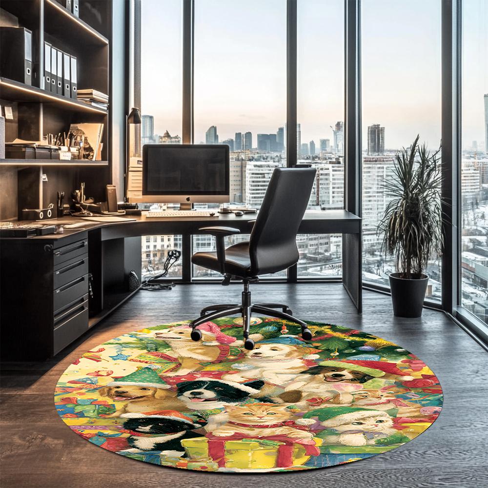 Christmas Dog Printed Round Rug Carpet Chair Rug Area Rug Entryway Doormats,for Office Chair Living Room Bedroom Kitchen Room.