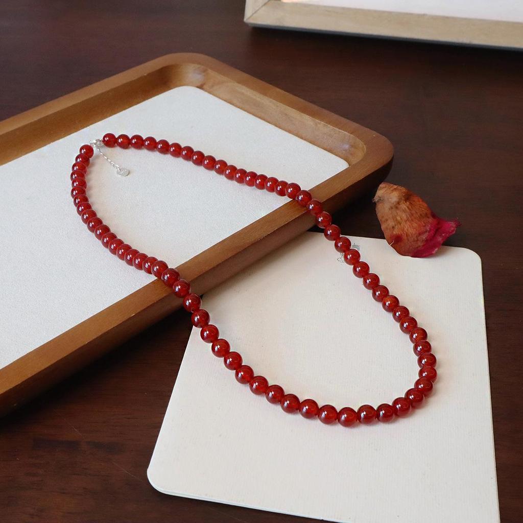 Colar de Contas de Ágata Vermelha Natural Gargantilha Choker Carnelian Redondo Vintage para Mulheres Joias Elegantes para Uso Diário