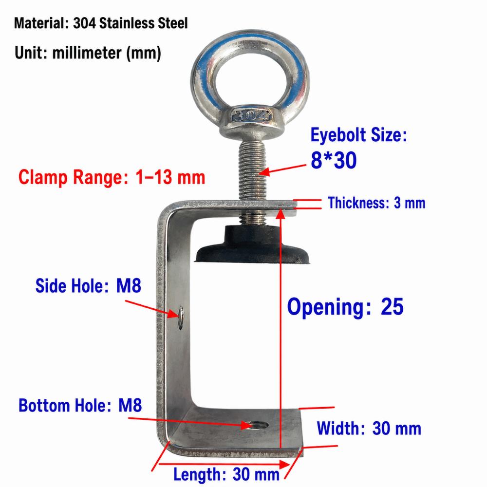 1pc 304 Stainless Steel Square Clamp Pull Ring Fixed Holder Clip C-clamp Hardware Fasteners