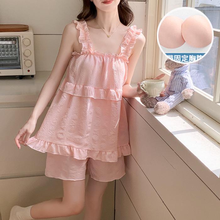 2026 Summer Women's Pajama Set: Princess Style Cloud Cotton Camisole with Built-in Bra