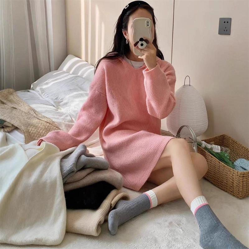 Temperament Medium and Long Hooded Knitted Sweater Top Women's Autumn and Winter New Loose and Thin Solid Color Pullover Sweater Women