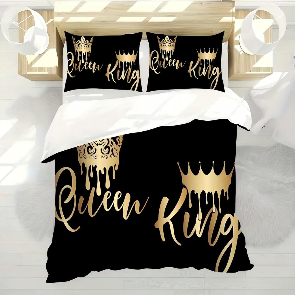 King Queen Letters Pattern 3D Printed Quilt Cover Set Couple Style Bedding Set Home Textiles Comfortable Duvet Cover Pillowcase