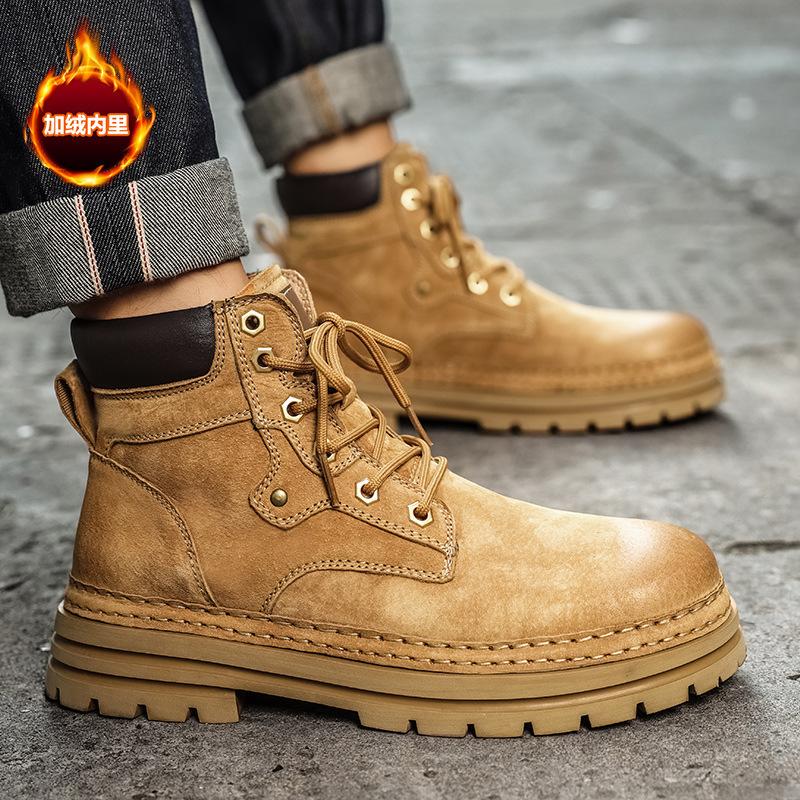 The Same Ins Rhubarb Boots Men's Autumn and Winter Velvet High-top Boots Men's Martin Boots Men's Couple Cotton Shoes Tooling Boots