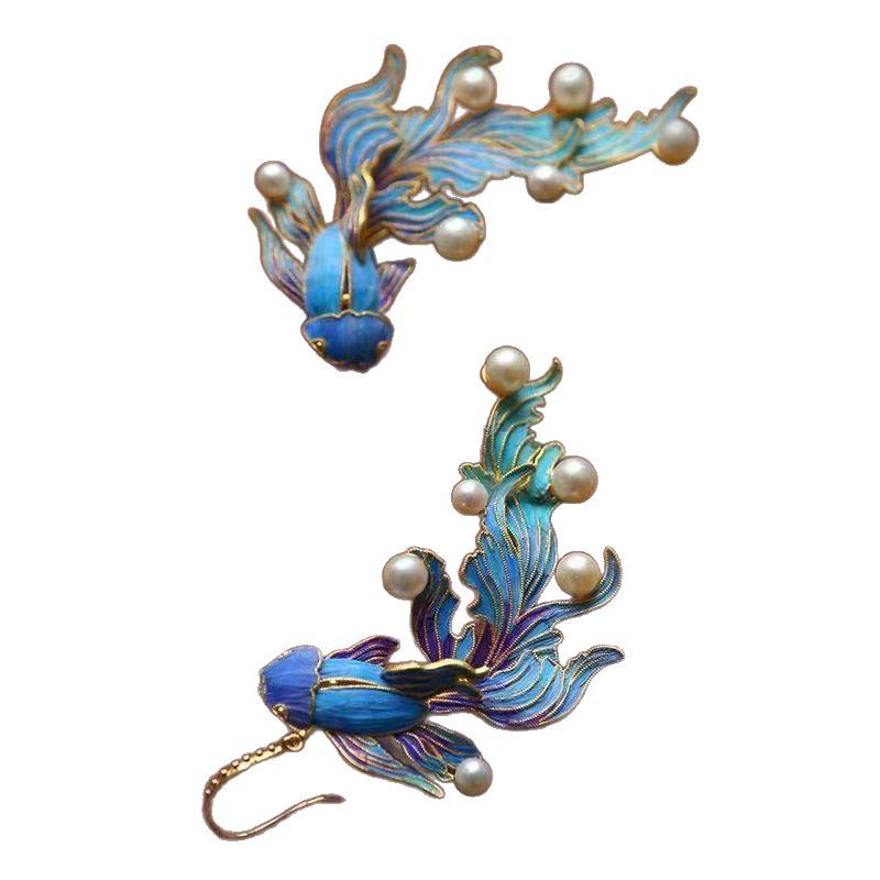 Retro Blue Koi Fish Earrings: Niche Hanfu Ear Hooks for Women