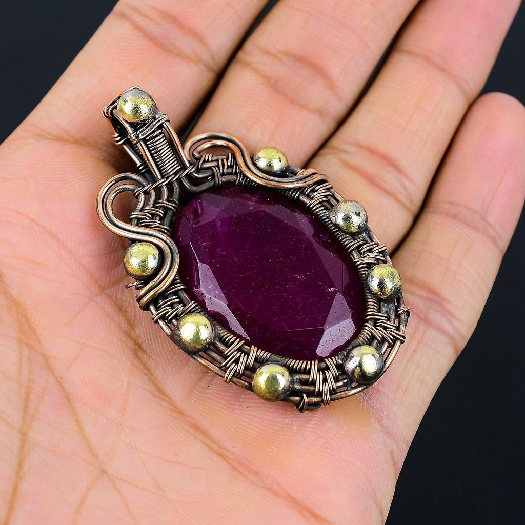 Lab-Created Ruby Gemstone Pure Copper Wire Wrapped Handmade Pendant Jewelry