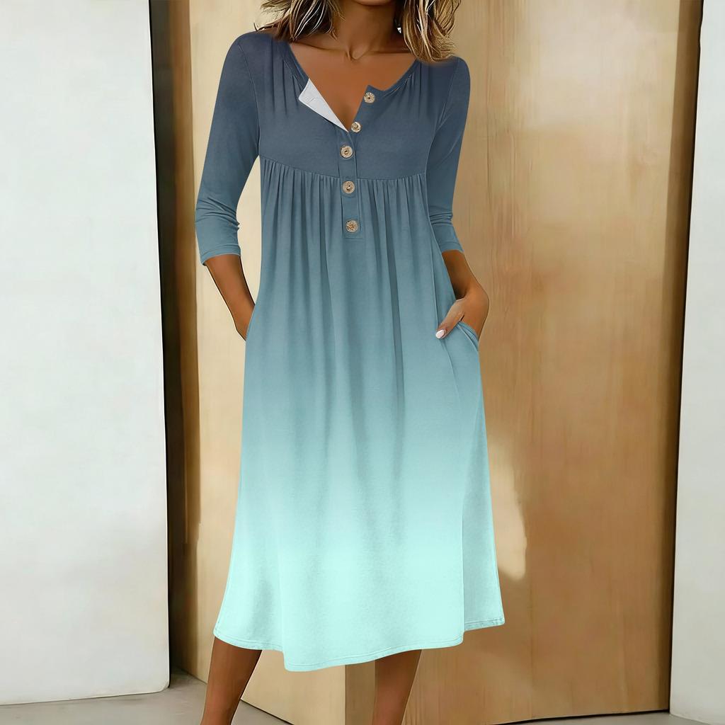 Women's Fashionable Color Printed Round Neck 3/4 Sleeve Button Collar Mid Length Casual Dress